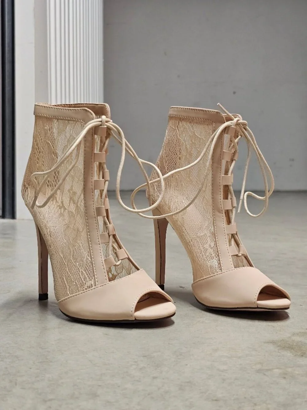Peep Toe Lace-Up Stiletto Booties With Sheer Lace Panels Nude Beige High Heel An - Picture 8 of 12